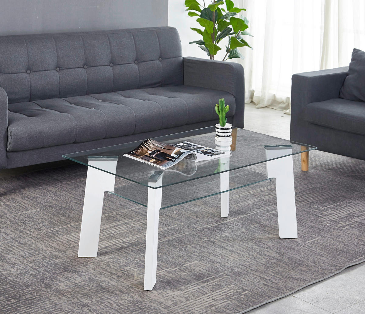 COUCHTISCH Sicherheitsglas 110/60/42 cm rechteckig Klar, Weiß Hochglanz  - Klar/Weiß Hochglanz, Design, Glas/Holzwerkstoff (110/60/42cm) - Livetastic