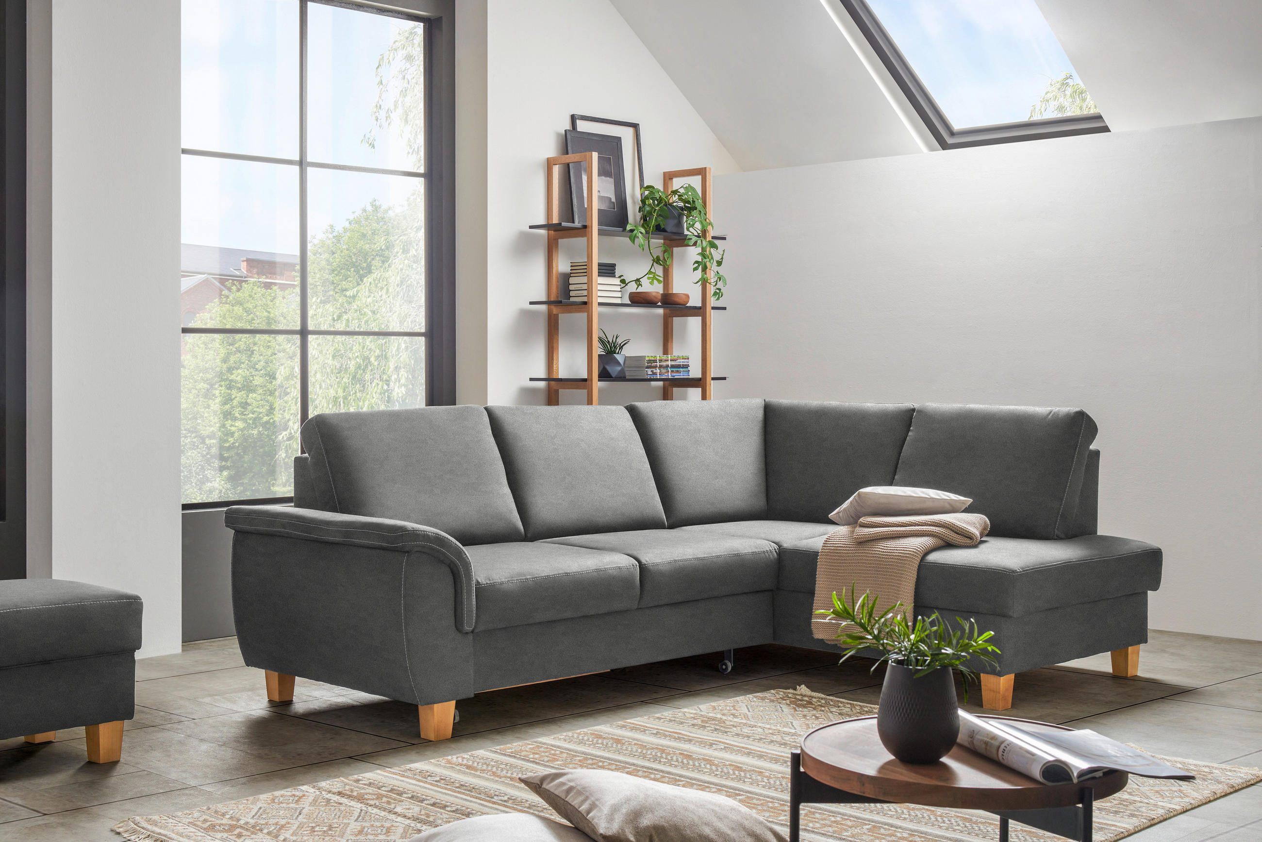 ECKSOFA in Flachgewebe Grau  - Eichefarben/Grau, Design, Holz/Textil (253/185cm) - Cantus