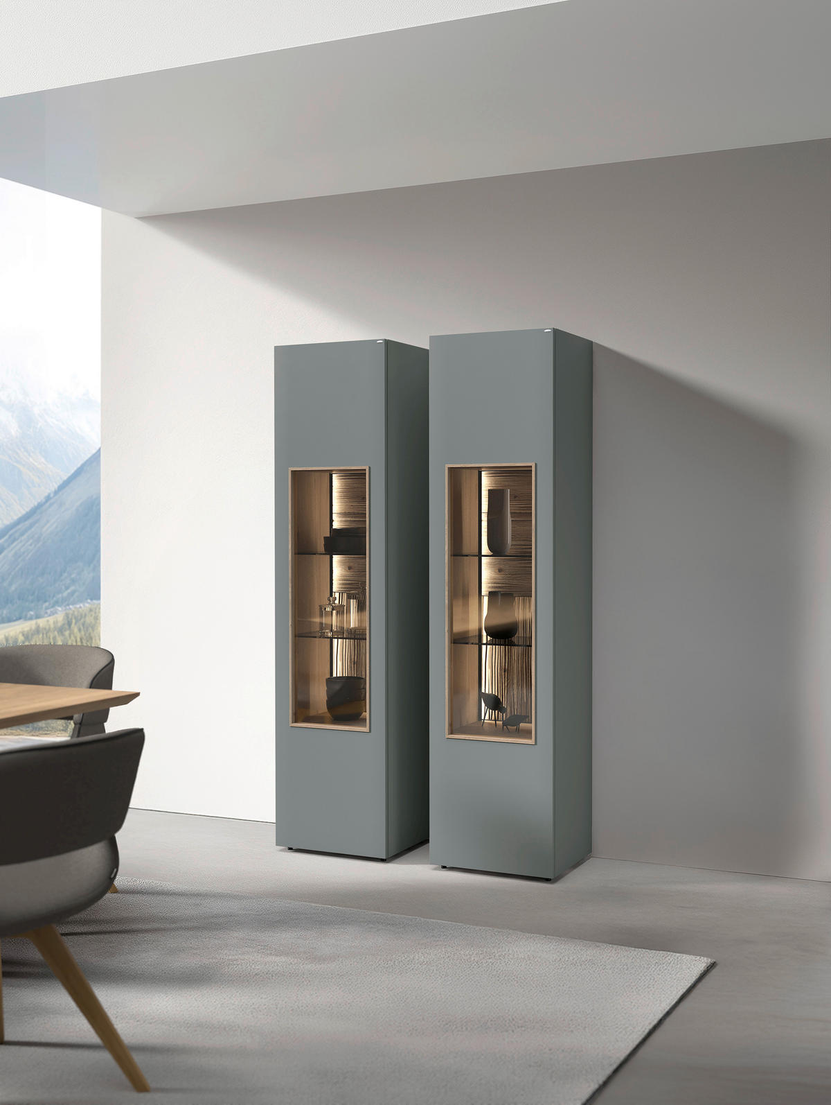 VITRINE VLACERA LIVING in furniert Wildeiche Wildeiche, Graugrün  - Wildeiche/Graugrün, Design, Glas/Holz (48/194/45cm) - Voglauer