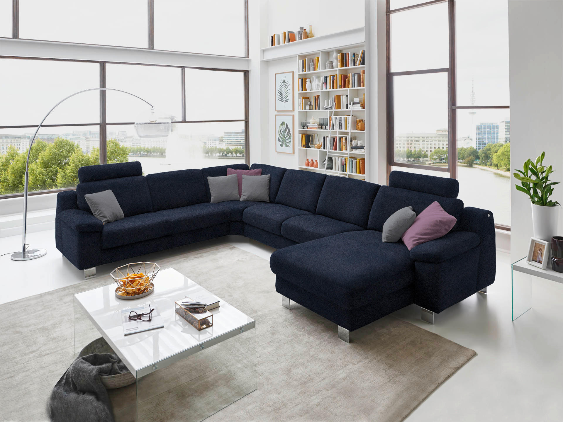 WOHNLANDSCHAFT in Mikrofaser Blau  - Chromfarben/Blau, Design, Textil/Metall (278/364/166cm) - Valdera