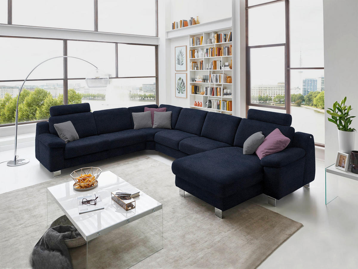 WOHNLANDSCHAFT in Mikrofaser Blau  - Chromfarben/Blau, Design, Textil/Metall (278/364/166cm) - Valdera
