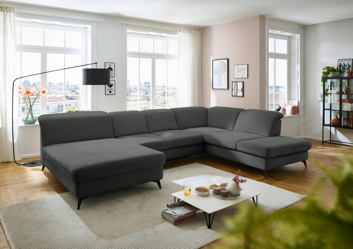 WOHNLANDSCHAFT  in Chenille Grau  - Schwarz/Grau, Design, Textil/Metall (198/369/255cm) - Beldomo Style