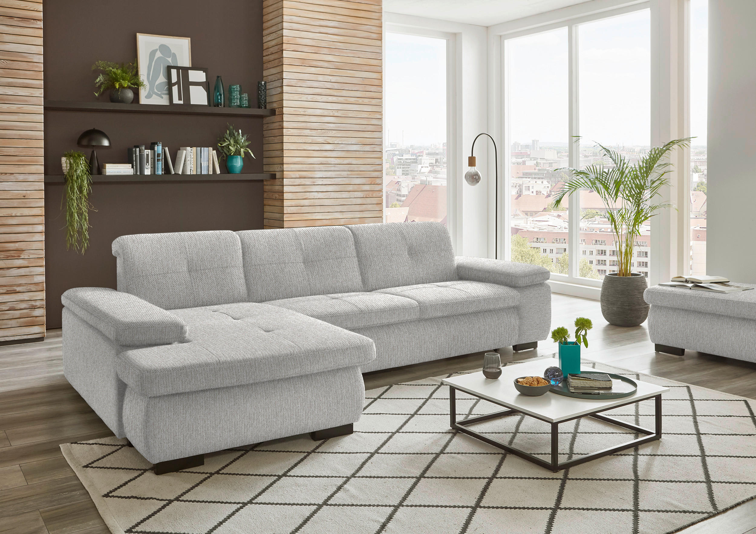 ECKSOFA in Flachgewebe Grau, Hellgrün  - Schwarz/Hellgrün, Design, Textil/Metall (174/297cm) - Beldomo Style