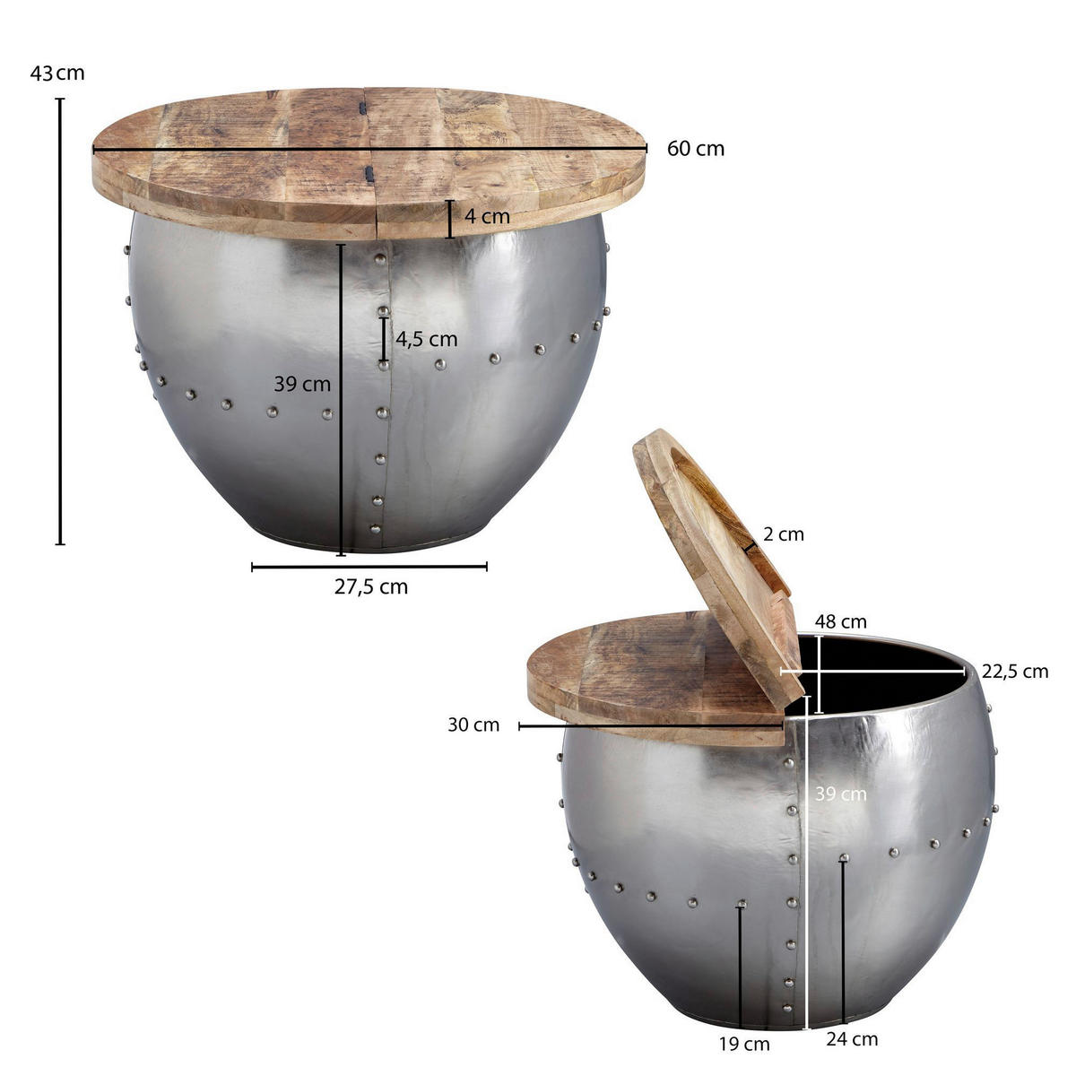 DOHÁNYZÓASZTAL fa 60/60/43 cm   - barna/ezüstszínű, Modern, fa/fém (60/60/43cm) - MID.YOU