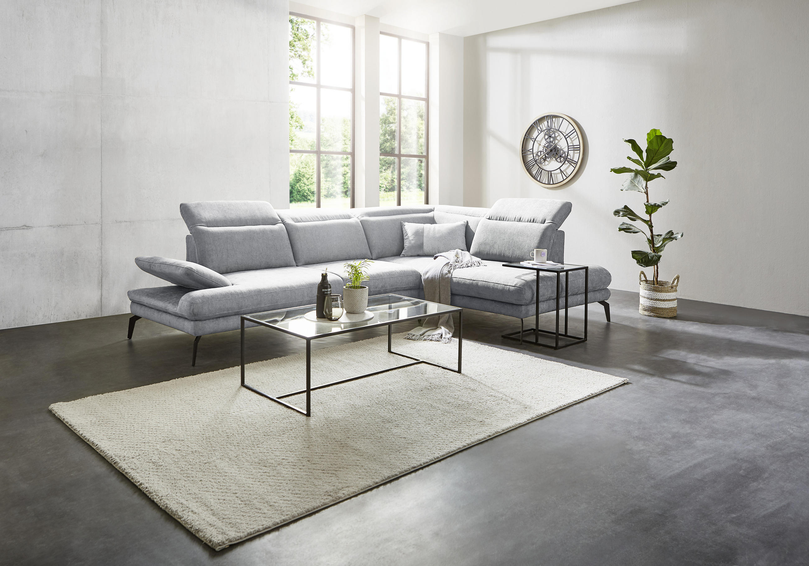 ECKSOFA inkl. Funktion Hellgrau Webstoff  - Hellgrau/Schwarz, Design, Textil/Metall (293/197cm) - Stylife