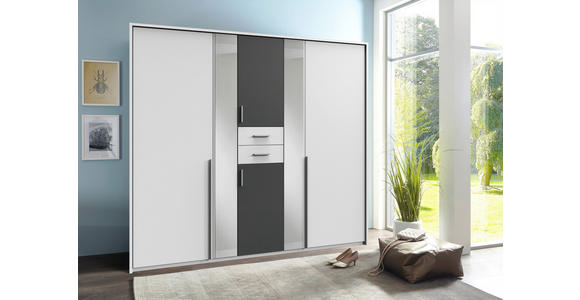 KLEIDERSCHRANK 225/208/58 cm 6-türig Graphitfarben, Weiß - Alufarben/Graphitfarben, KONVENTIONELL, Glas/Holzwerkstoff (225/208/58cm) - Carryhome
