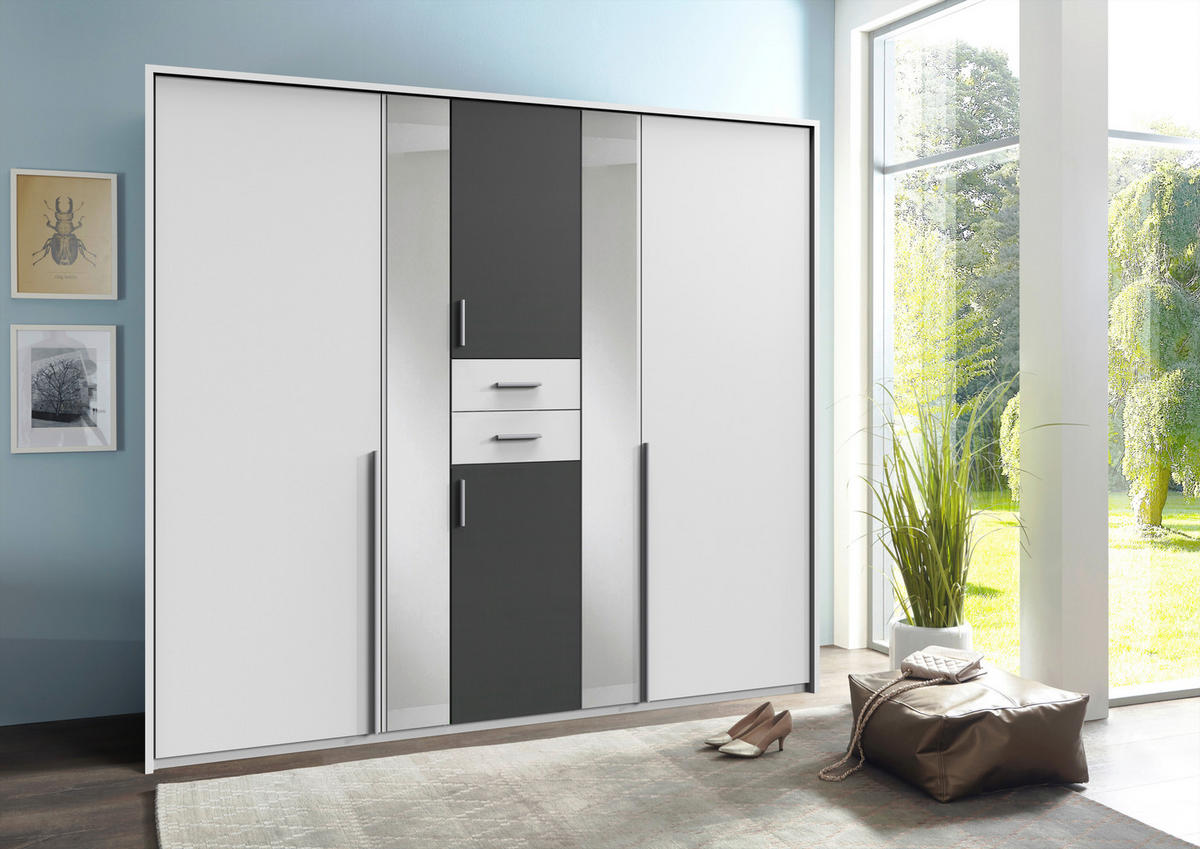 KLEIDERSCHRANK 225/208/58 cm 6-türig Graphitfarben, Weiß  - Alufarben/Graphitfarben, KONVENTIONELL, Glas/Holzwerkstoff (225/208/58cm) - Carryhome