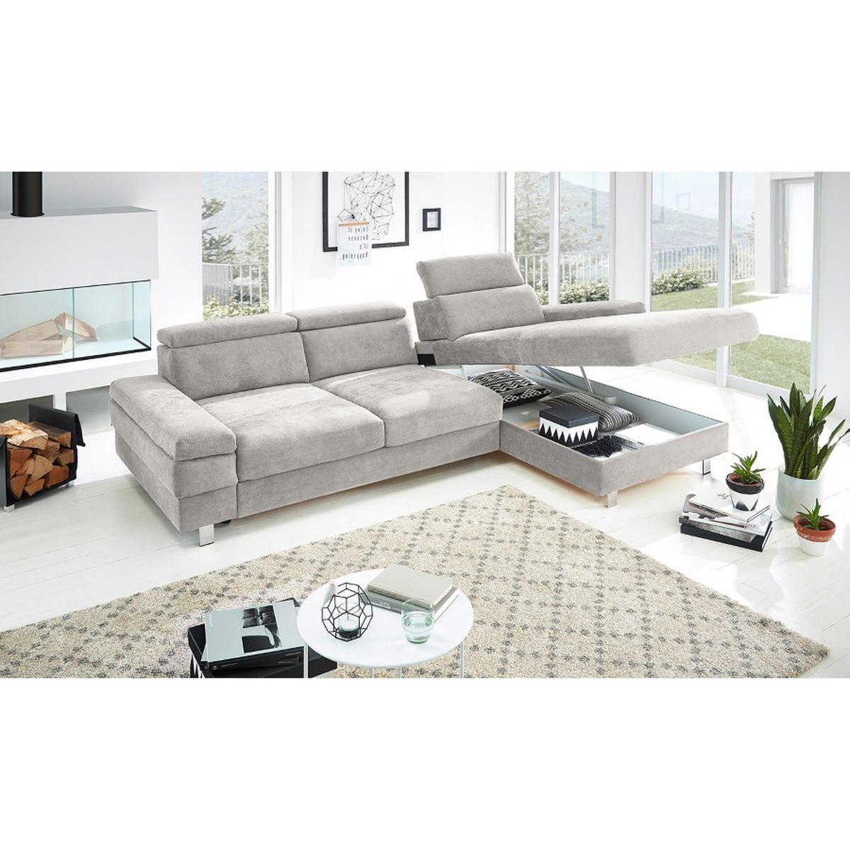 ECKSOFA in Webstoff Silberfarben  - Silberfarben, Konventionell, Textil/Metall (182/82/260cm) - Trendmanufaktur