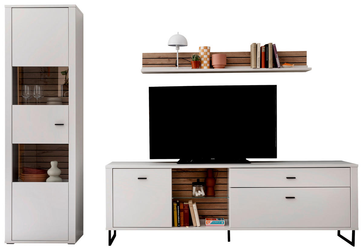WOHNWAND  in Weiss, Eichefarben 287/206/44 cm  - Weiss/Eichefarben, Design, Glas/Holzwerkstoff (287/206/44cm) - Stylife