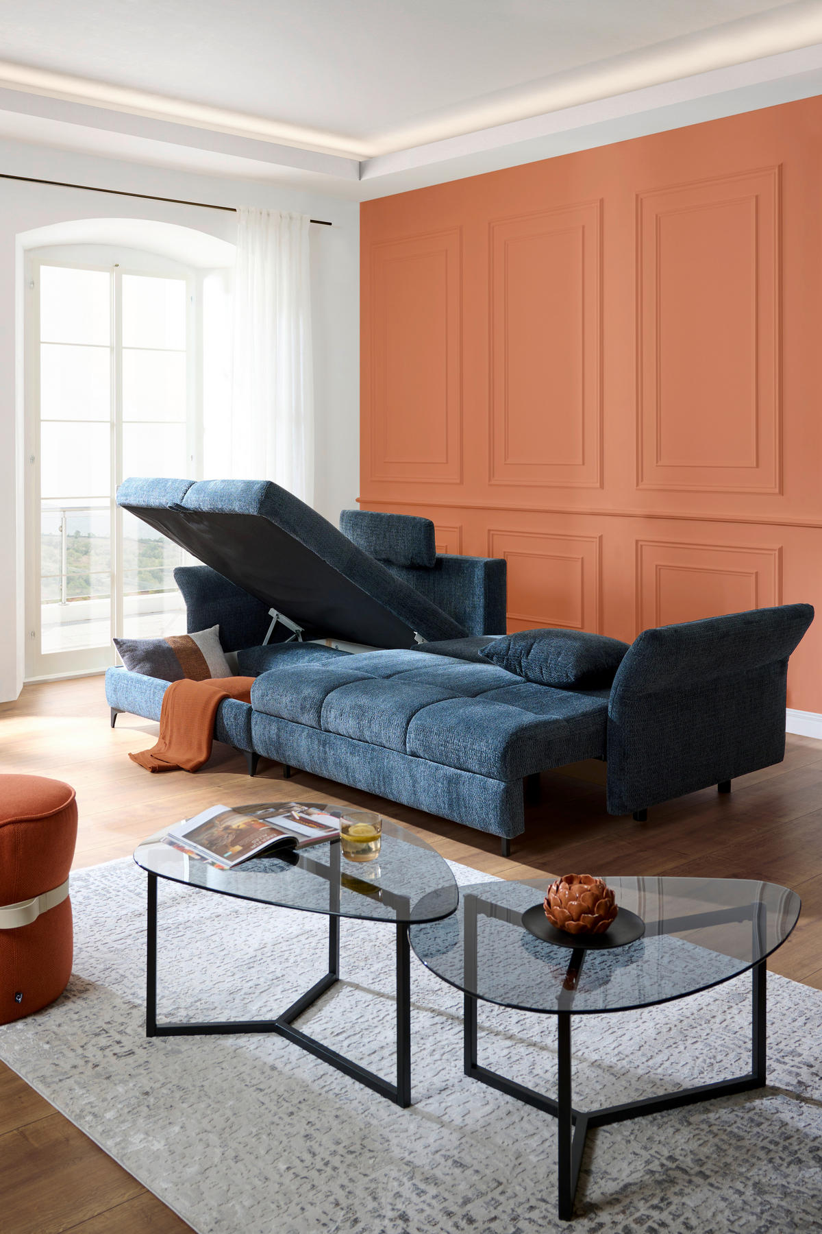 ECKSOFA in Chenille Blau  - Blau/Schwarz, KONVENTIONELL, Textil/Metall (291/153cm) - Hom`in