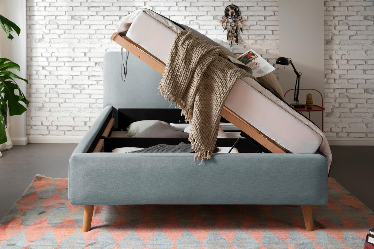 POLSTERBETT Bettkasten, Lattenroste Hellblau 140/200 cm  - Blau/Eichefarben, Design, Holz/Textil (140/200cm) - Livetastic