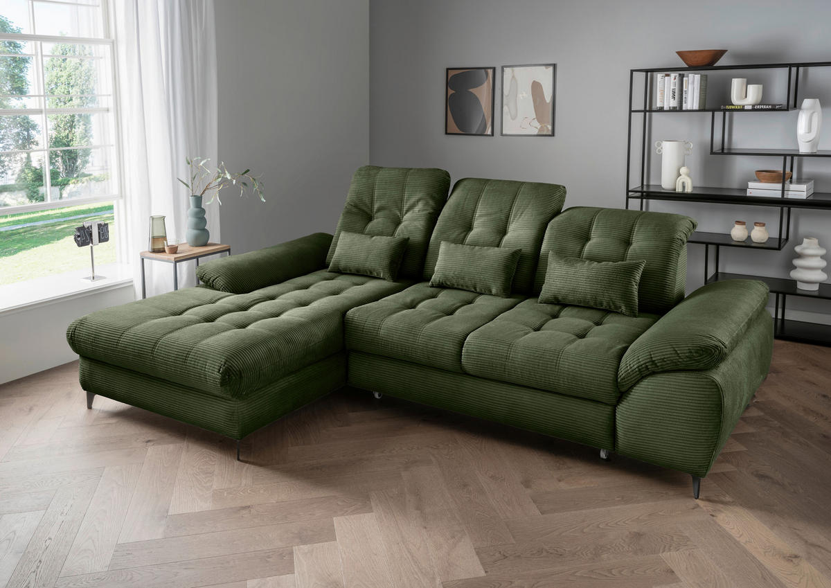 ECKSCHLAFSOFA  mit seitenverkehrt erhältlich, Rücken echt, Armteil links, Armteil rechts Cord Dunkelgrün  - Dunkelgrün/Schwarz, MODERN, Textil/Metall (189/273cm) - Livetastic