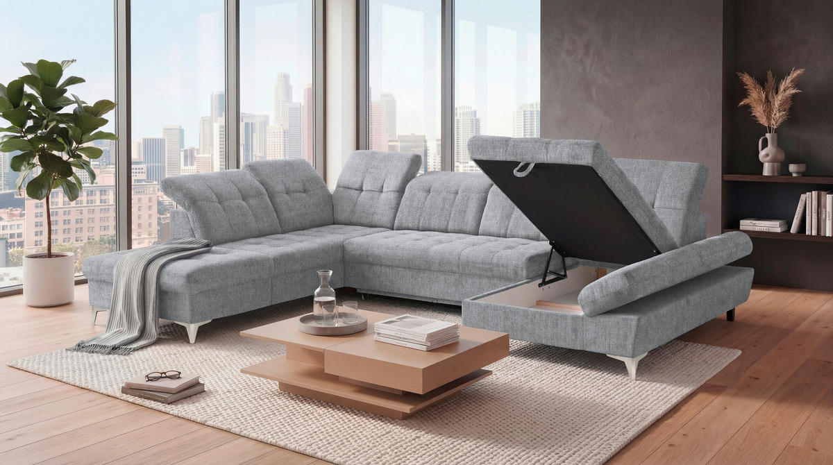 WOHNLANDSCHAFT Mikrovelours Hellgrau  - Kaschmir/Hellgrau, Modern, Kunststoff/Textil (245/348/168cm) - MID.YOU