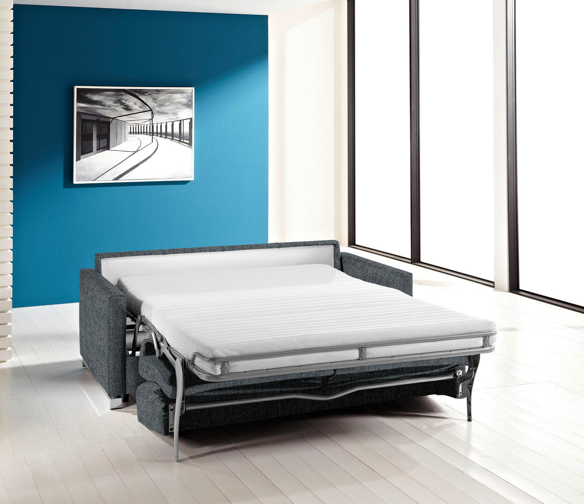 SCHLAFSOFA in Flachgewebe Blaugrau  - Chromfarben/Blaugrau, Design, Textil/Metall (185/84/100cm) - Bali