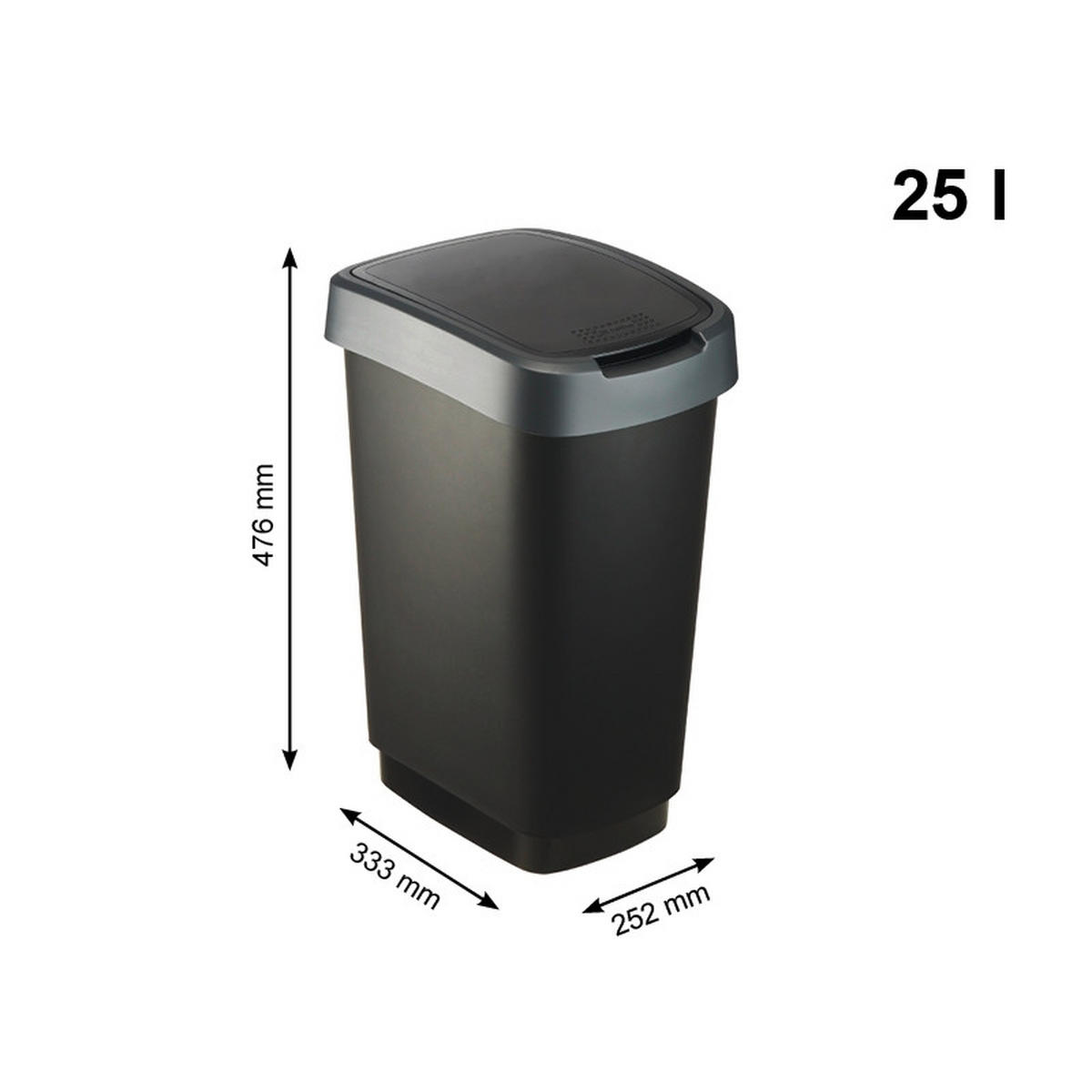SZEMETESVÖDÖR 25 l  - fekete/sötétszürke, Basics, műanyag (33,3/25,2/47,6cm) - Rotho