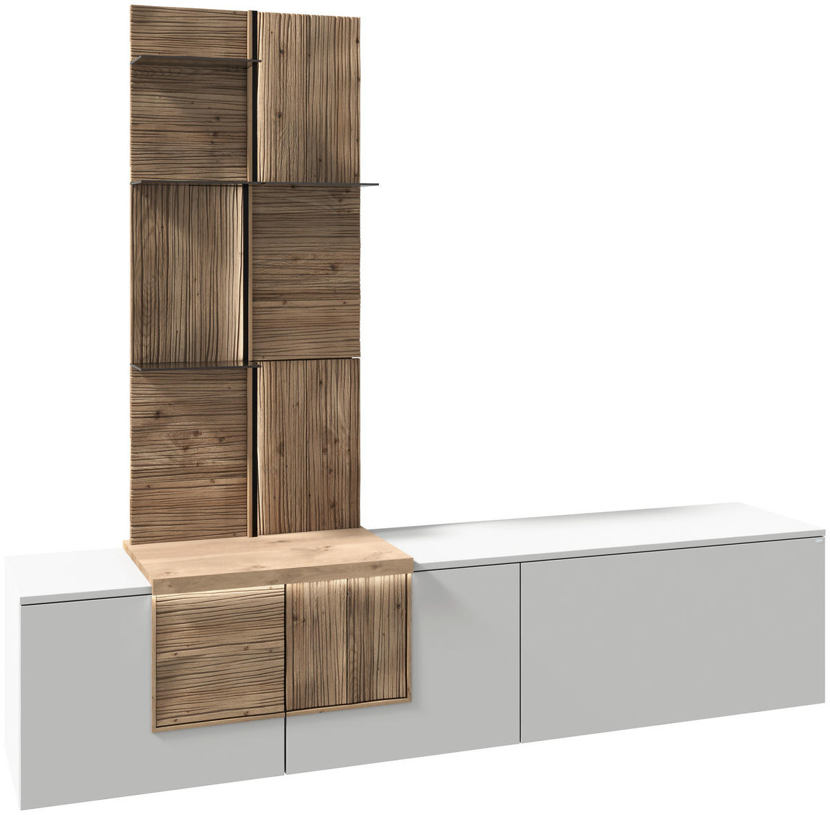 WOHNWAND  in Weiss, Wildeiche 224/198/44,9 cm  - Wildeiche/Weiss, Design, Glas/Holz (224/198/44,9cm) - Voglauer