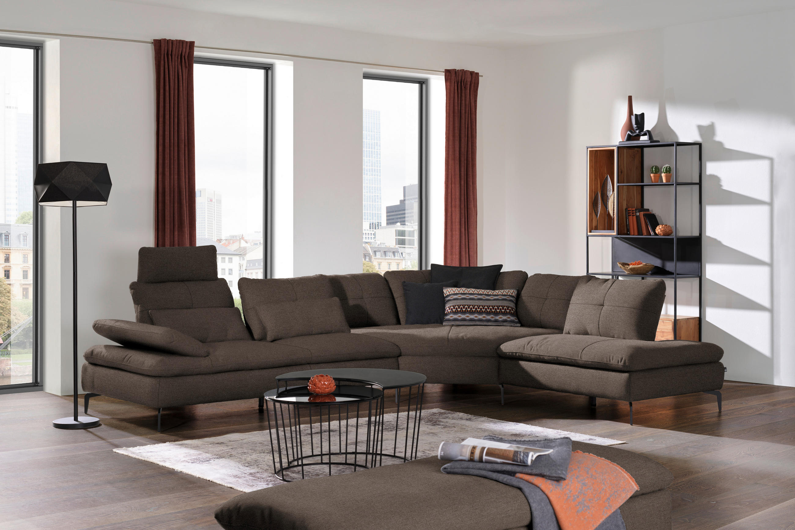 ECKSOFA in Flachgewebe Dunkelbraun  - Dunkelbraun/Schwarz, Design, Textil/Metall (344/271cm) - Chilliano