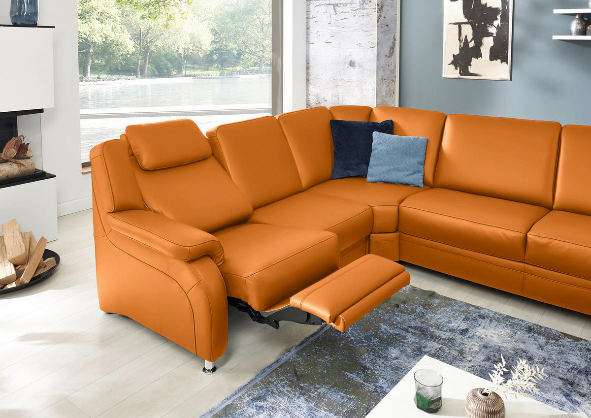 WOHNLANDSCHAFT Echtleder Currygelb  - Currygelb/Alufarben, Konventionell, Leder/Metall (239/329/165cm) - Beldomo Premium