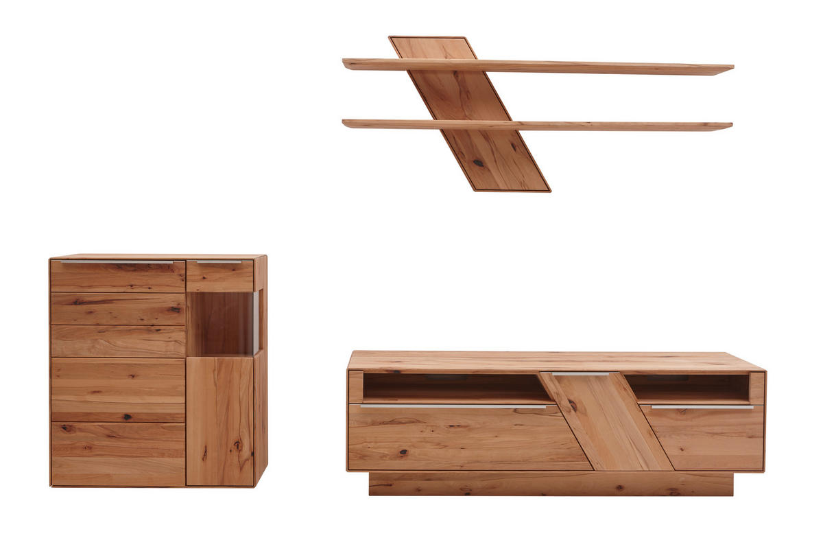 WOHNWAND Sonia  in Buchefarben  304/200/53,7 cm  - Edelstahlfarben/Buchefarben, Design, Glas/Holz (304/200/53,7cm) - Valnatura