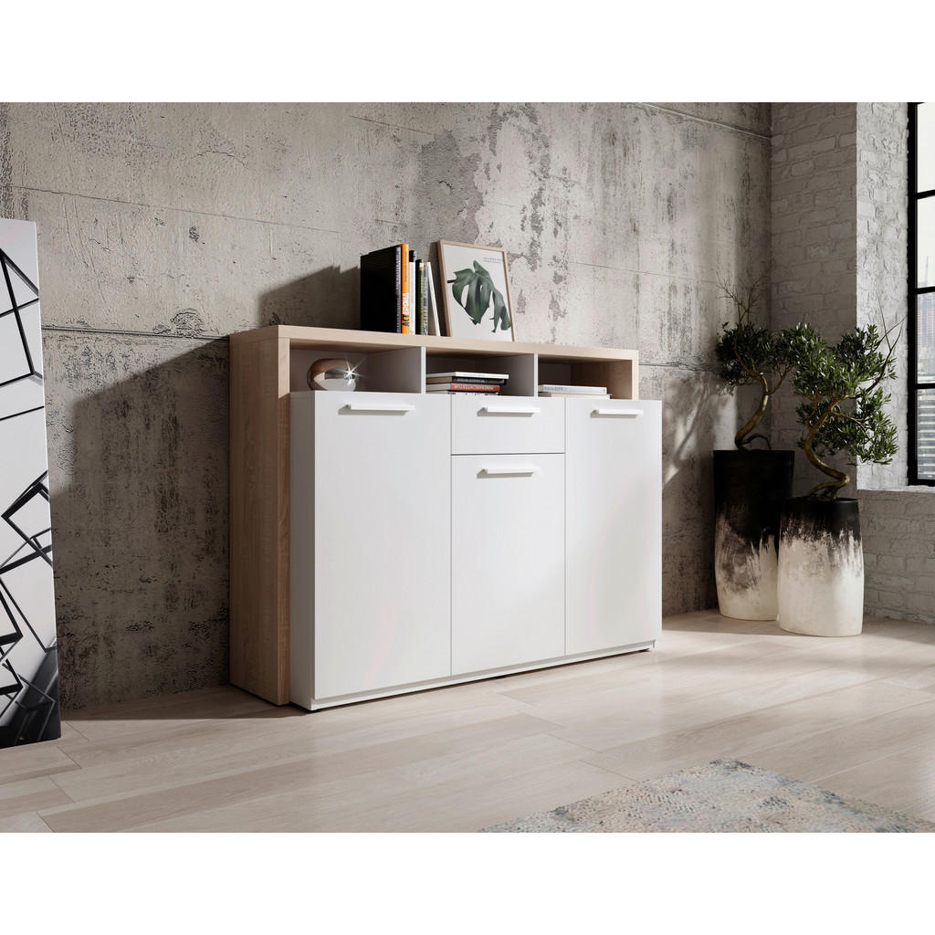 Thumbnail - Xora Sideboard Mammut, Weiß, Sonoma Eiche, Kunststoff, 3 Fächer, 1 Schubladen, 130x94x40 cm, Beimöbel erhältlich, stehen...