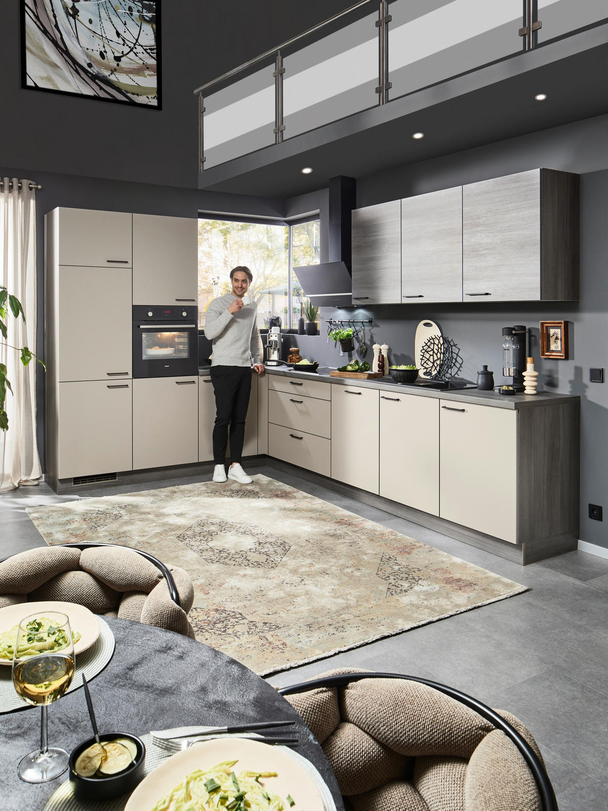 ECKKÜCHE 245/345 cm  in Creme, Eiche grau  - Eiche grau/Creme, MODERN, Holzwerkstoff/Metall (245/345cm) - Welnova