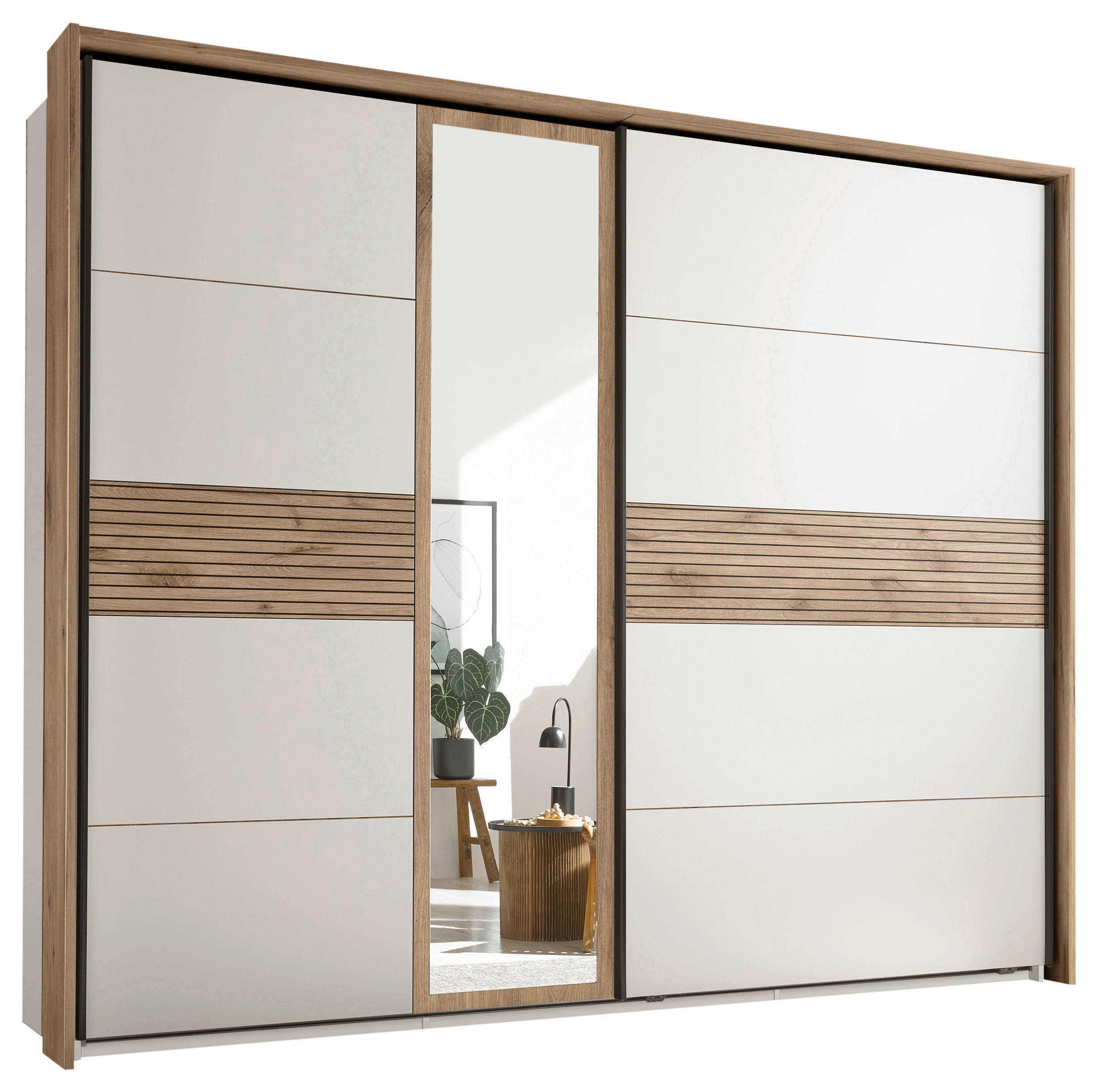 SCHWEBETÜRENSCHRANK 279/229,4/63 cm 2-türig Weiß, Eichefarben  - Eichefarben/Schwarz, MODERN, Holzwerkstoff/Metall (279/229,4/63cm) - MID.YOU