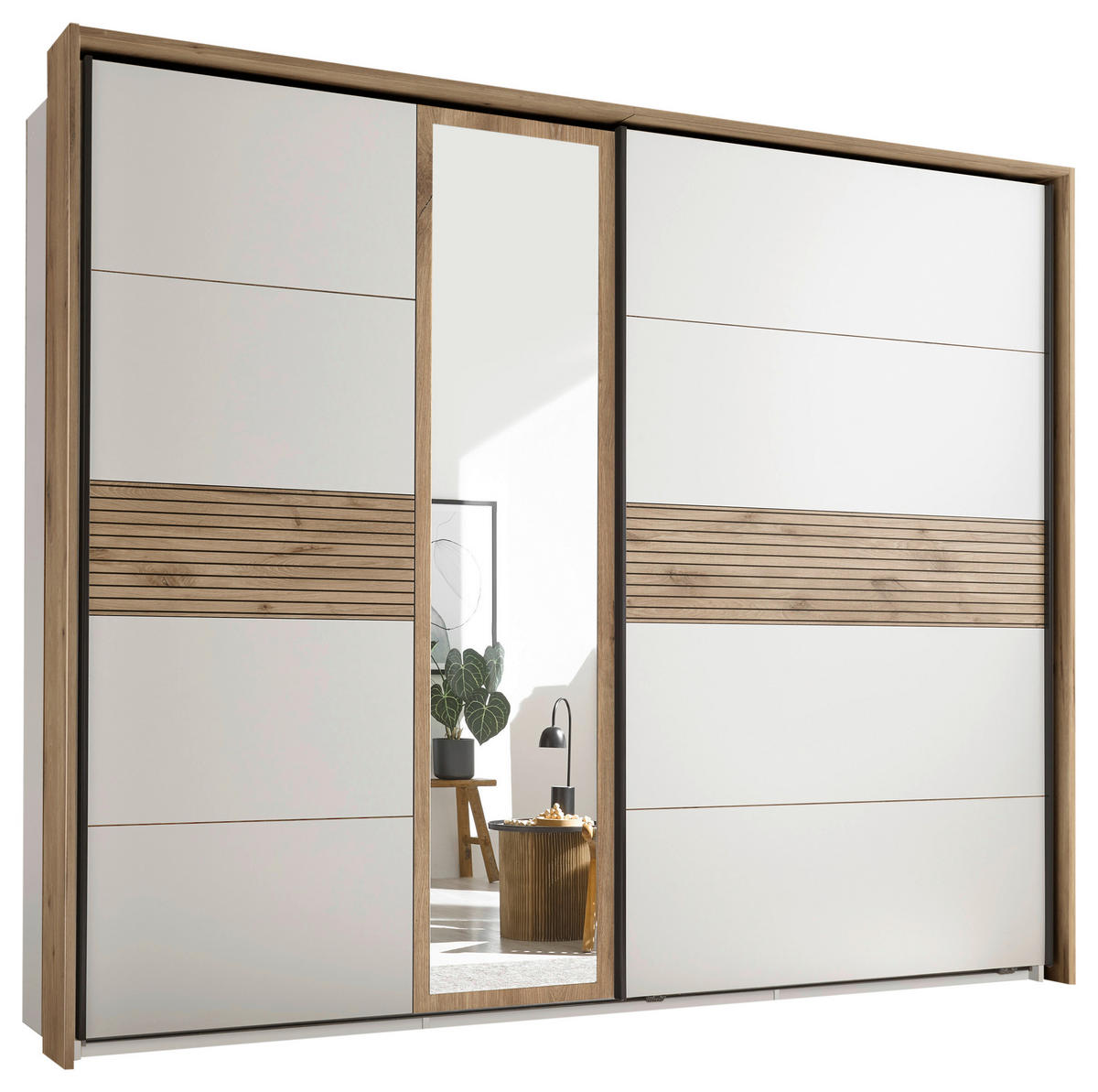 OMARA Z DRSNIMI VRATI, bela, barve hrasta  - črna/barve hrasta, Moderno, kovina/leseni material (279/229,4/63cm) - Hom`in