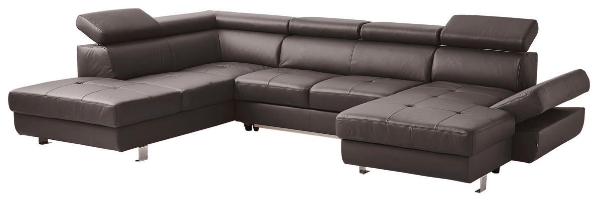 WOHNLANDSCHAFT in Kombination Echtleder/Lederlook Dunkelbraun  - Chromfarben/Dunkelbraun, Design, Leder/Textil (212/334/157cm) - Stylife