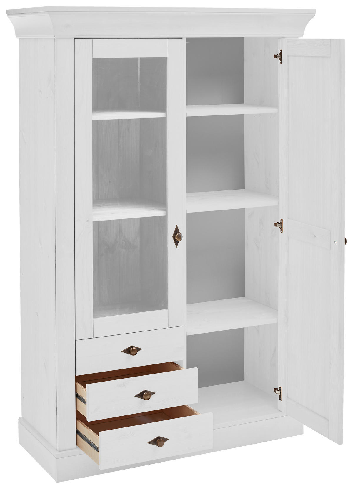VITRINE in massiv Kiefer Weiß  - Weiß/Kupferfarben, ROMANTIK / LANDHAUS, Glas/Holz (108/163/45cm) - Boxxx