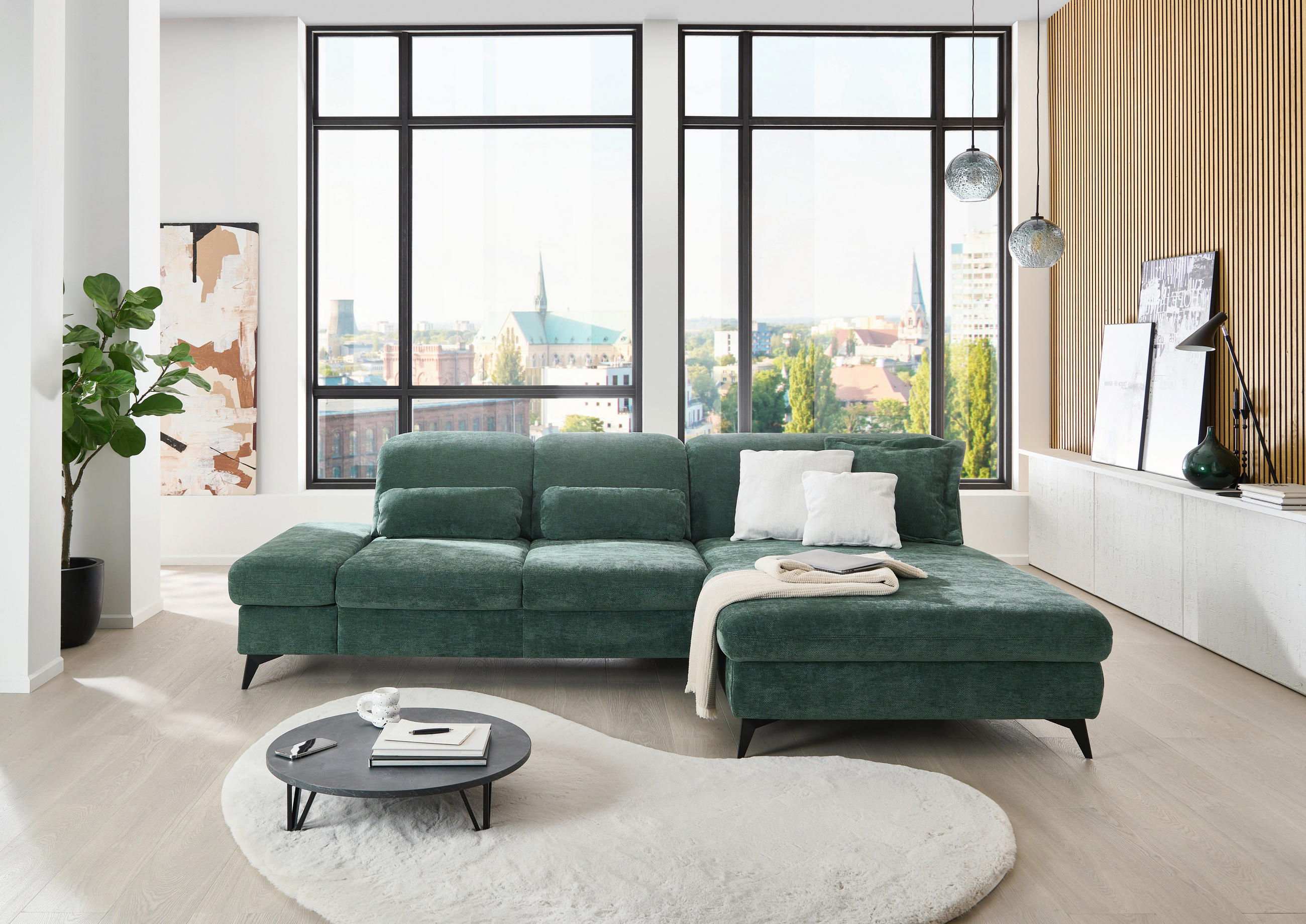 ECKSOFA Dunkelgrün Chenille  - Dunkelgrün/Schwarz, Design, Textil/Metall (288/198cm) - Beldomo Style