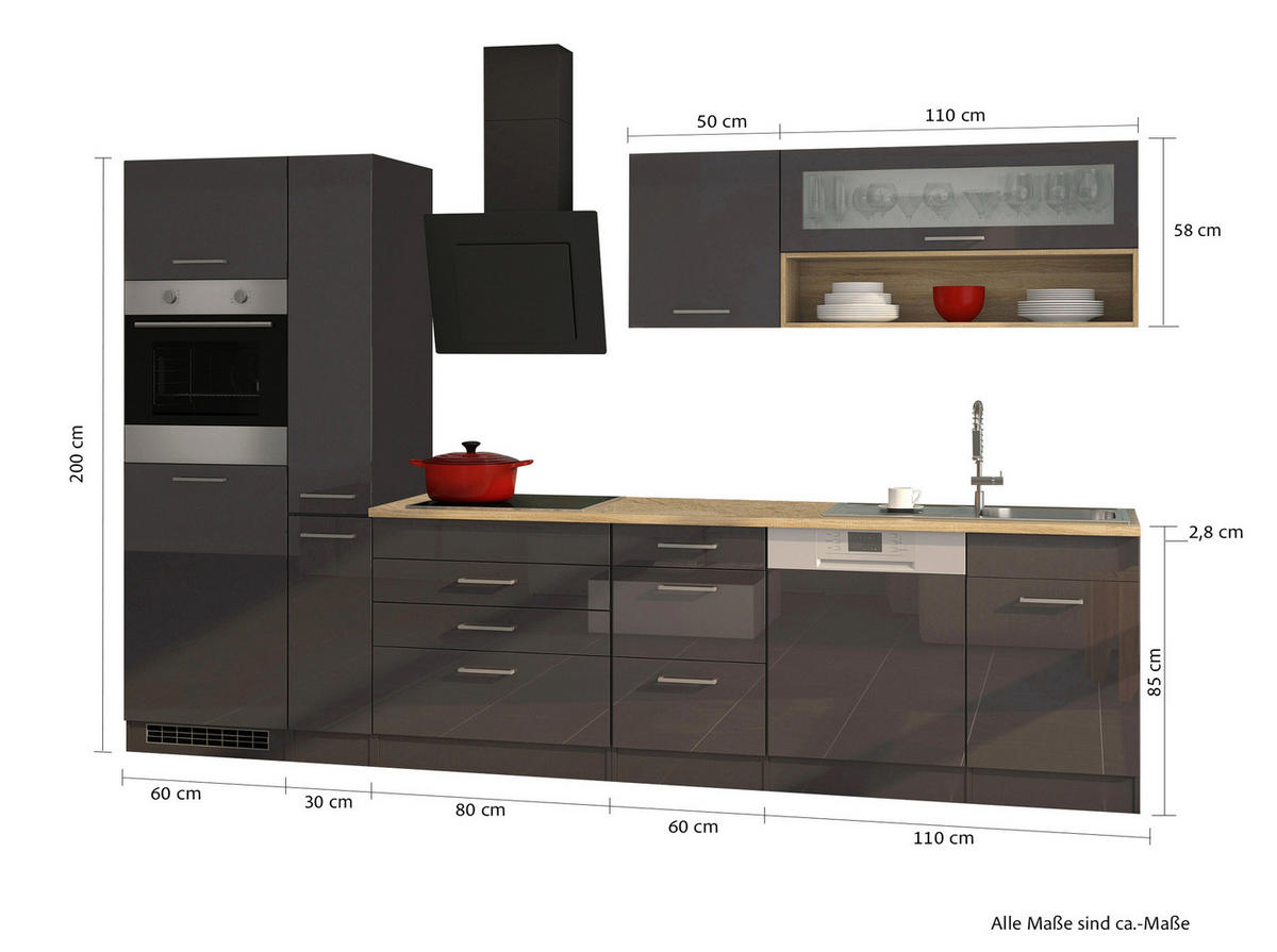KÜCHENLEERBLOCK 330 cm   in Graphitfarben  - Silberfarben/Graphitfarben, MODERN, Holzwerkstoff/Metall (330cm) - Held