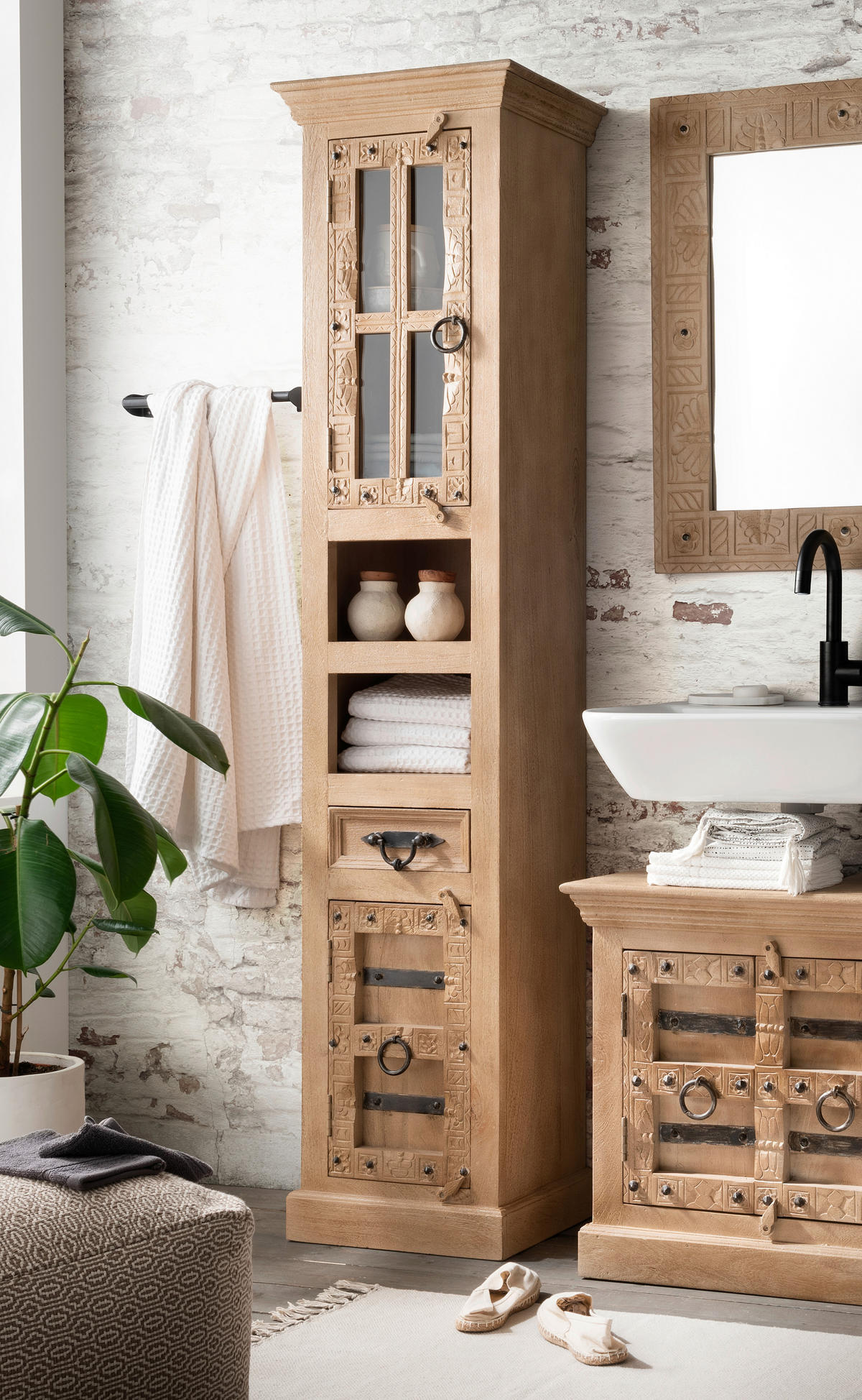 BADEZIMMER 5-teilig  in  - Schwarz/Naturfarben, Basics, Holz/Metall - Livetastic