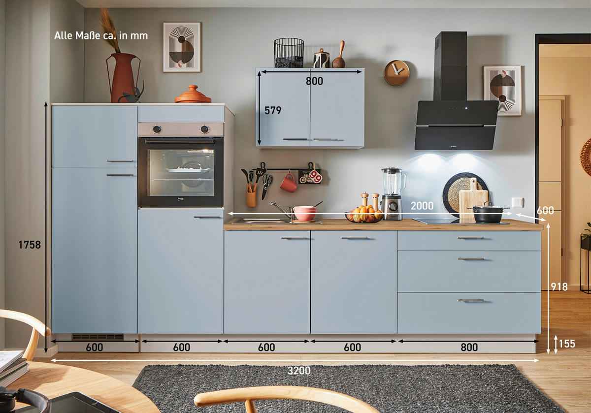 KÜCHENBLOCK PN 105 320 cm  in Eichefarben, Kaschmir, Pastellblau  - Kaschmir/Edelstahlfarben, Design, Holzwerkstoff/Metall (320cm) - Pino