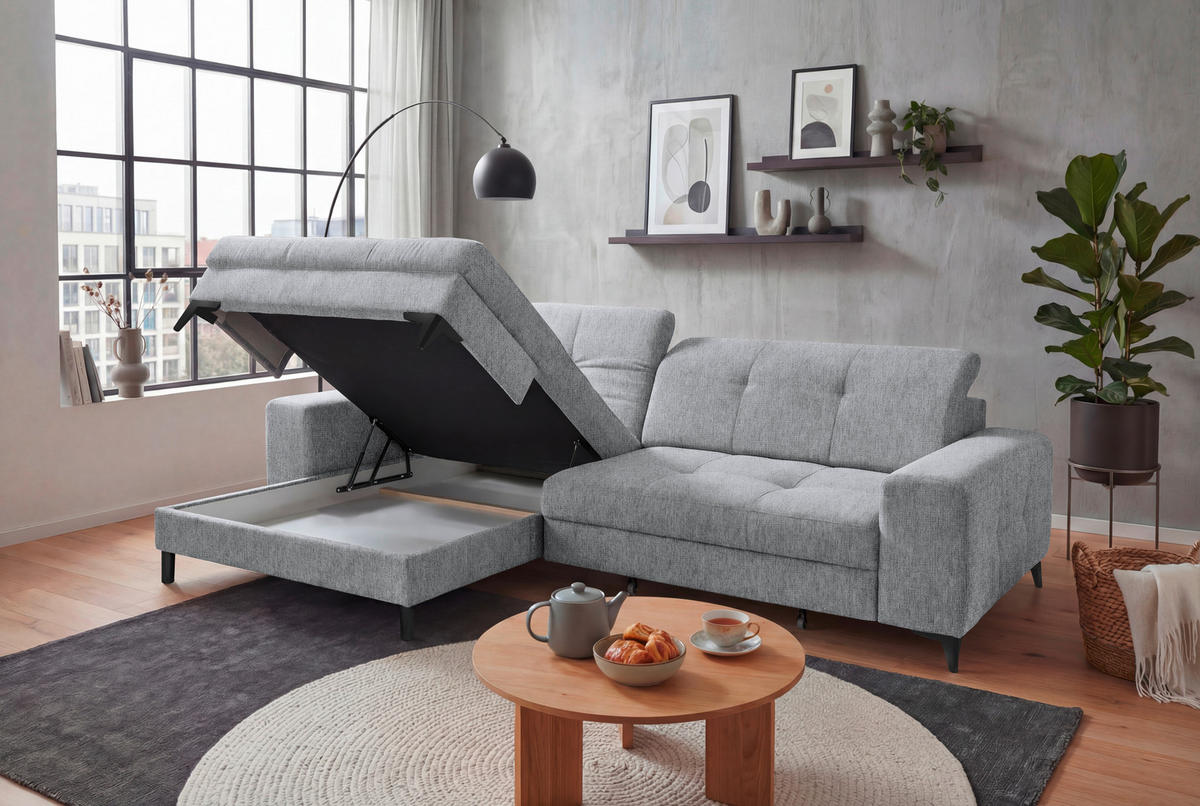 ECKSOFA Mikrovelours Hellgrau  - Hellgrau/Schwarz, Design, Kunststoff/Textil (182/328cm) - MID.YOU