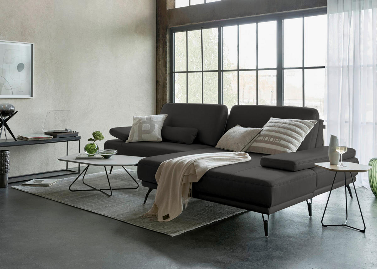 ECKSOFA Echtleder Dunkelgrau  - Dunkelgrau/Schwarz, Konventionell, Leder/Metall (301/180cm) - Joop!