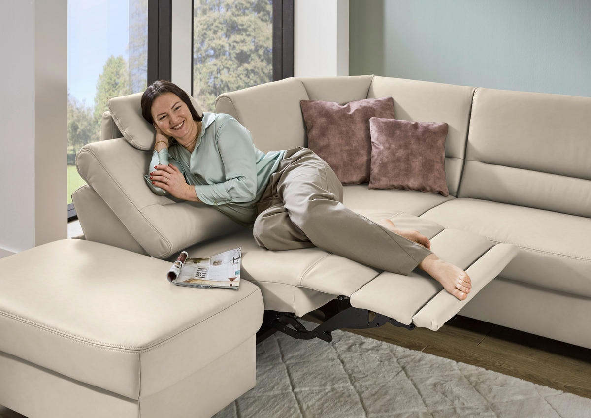 ECKSOFA Echtleder Ecru  - Ecru/Schwarz, Konventionell, Leder/Metall (249/290cm) - Beldomo Premium