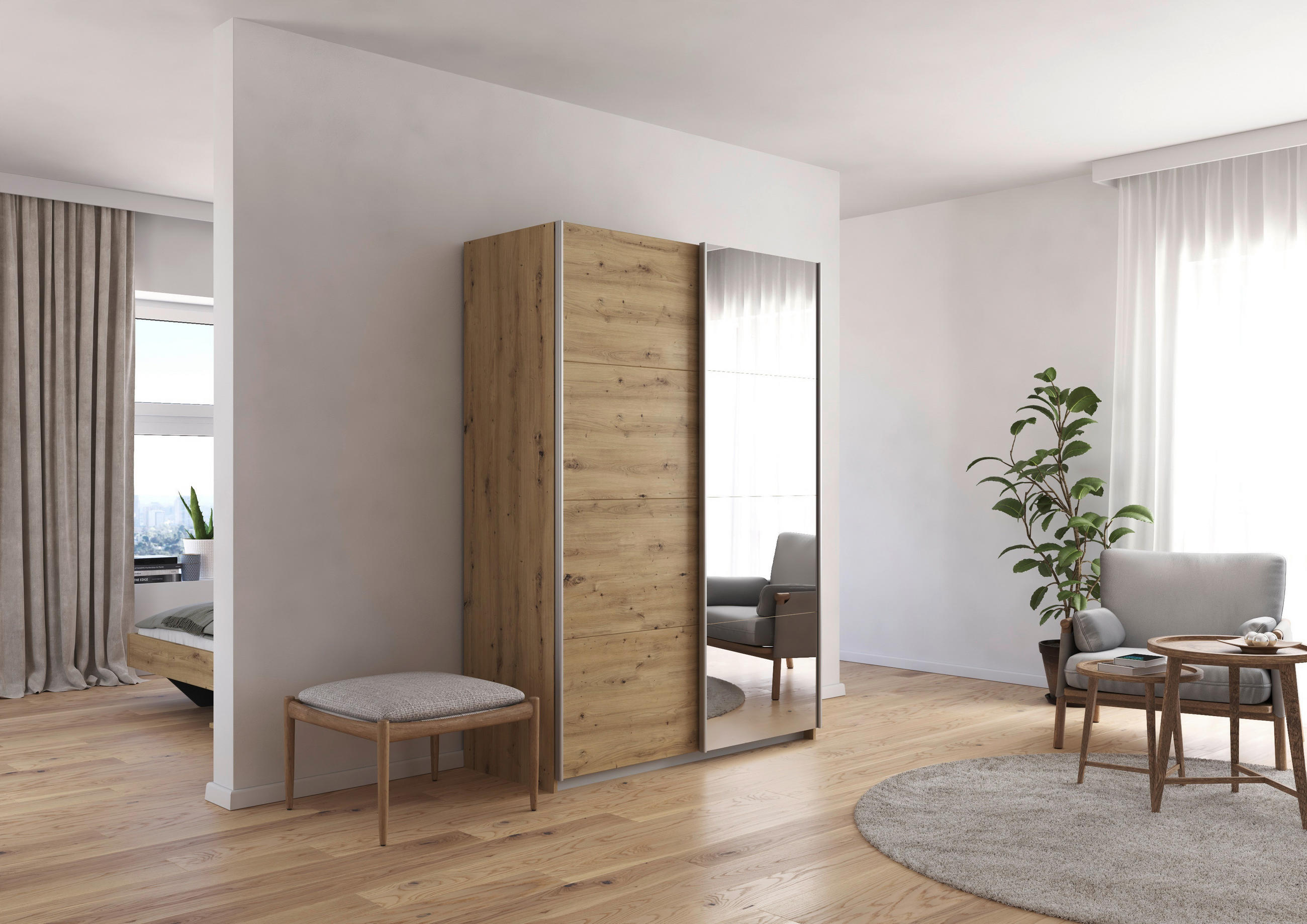 Thumbnail - Rauch Möbel Schwebetürenschrank, Eiche Artisan, Metall, 2 Fächer, 181x197x61 cm, Blauer Engel, Goldenes M, Made in Germa...