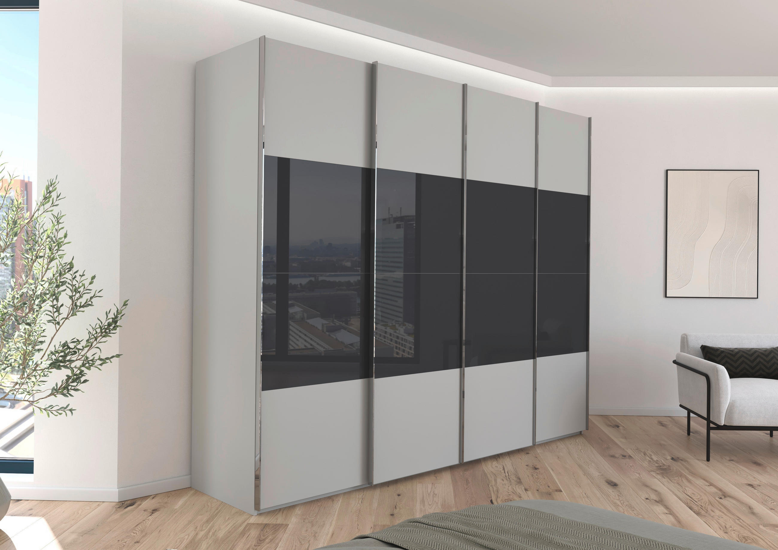 SCHWEBETÜRENSCHRANK 271/223/68 cm 4-türig Grau, Schwarz  - Chromfarben/Schwarz, KONVENTIONELL, Glas/Holzwerkstoff (271/223/68cm) - Novel