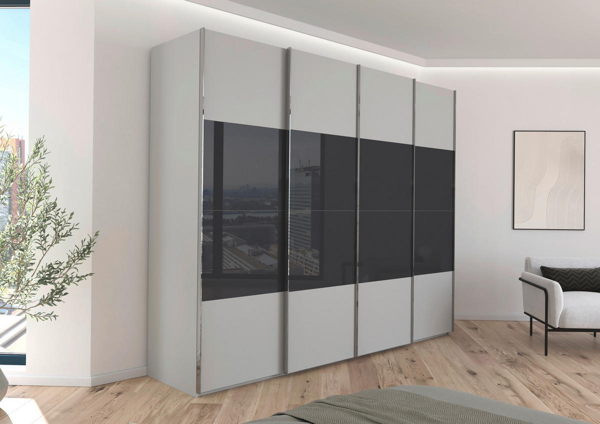 SCHWEBETÜRENSCHRANK 271/235/68 cm 4-türig Grau, Schwarz  - Chromfarben/Schwarz, KONVENTIONELL, Glas/Holzwerkstoff (271/235/68cm) - Novel