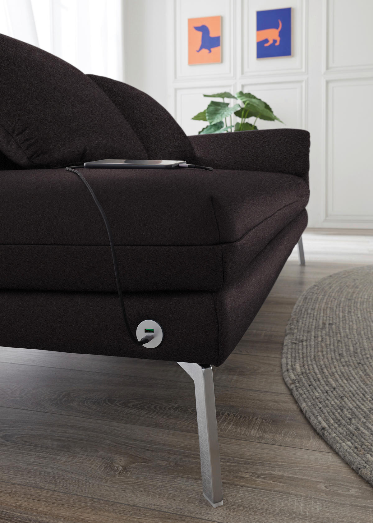 RÉCAMIERE in Echtleder Dunkelbraun  - Chromfarben/Dunkelbraun, Design, Leder/Metall (209/85-109/95-16cm) - Dieter Knoll