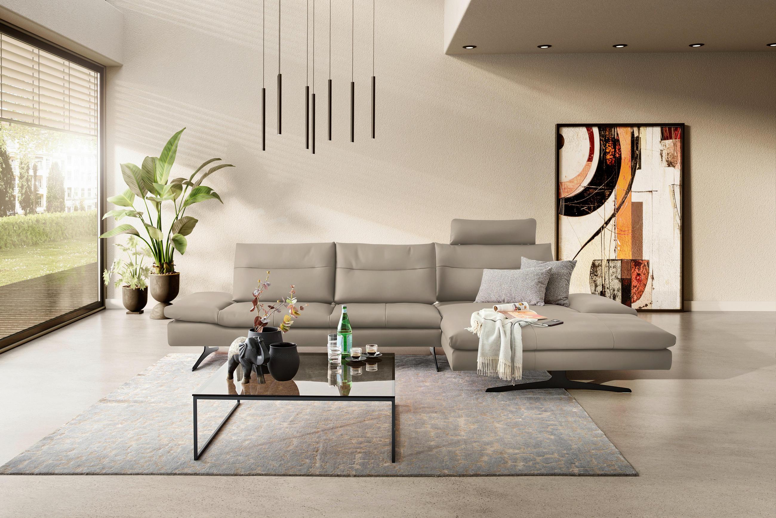ECKSOFA in Echtleder Greige  342/158 cm  - Greige/Schwarz, MODERN, Leder/Metall (342/158cm) - Chilliano