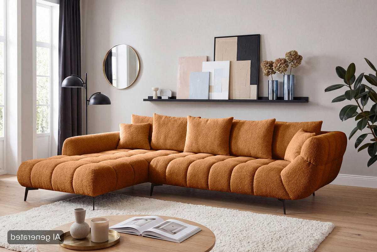 ECKSOFA Kupferfarben Bouclé Zierkissen, Rückenkissen, Rücken echt  - Schwarz/Kupferfarben, MODERN, Textil/Metall (217/318cm) - Carryhome