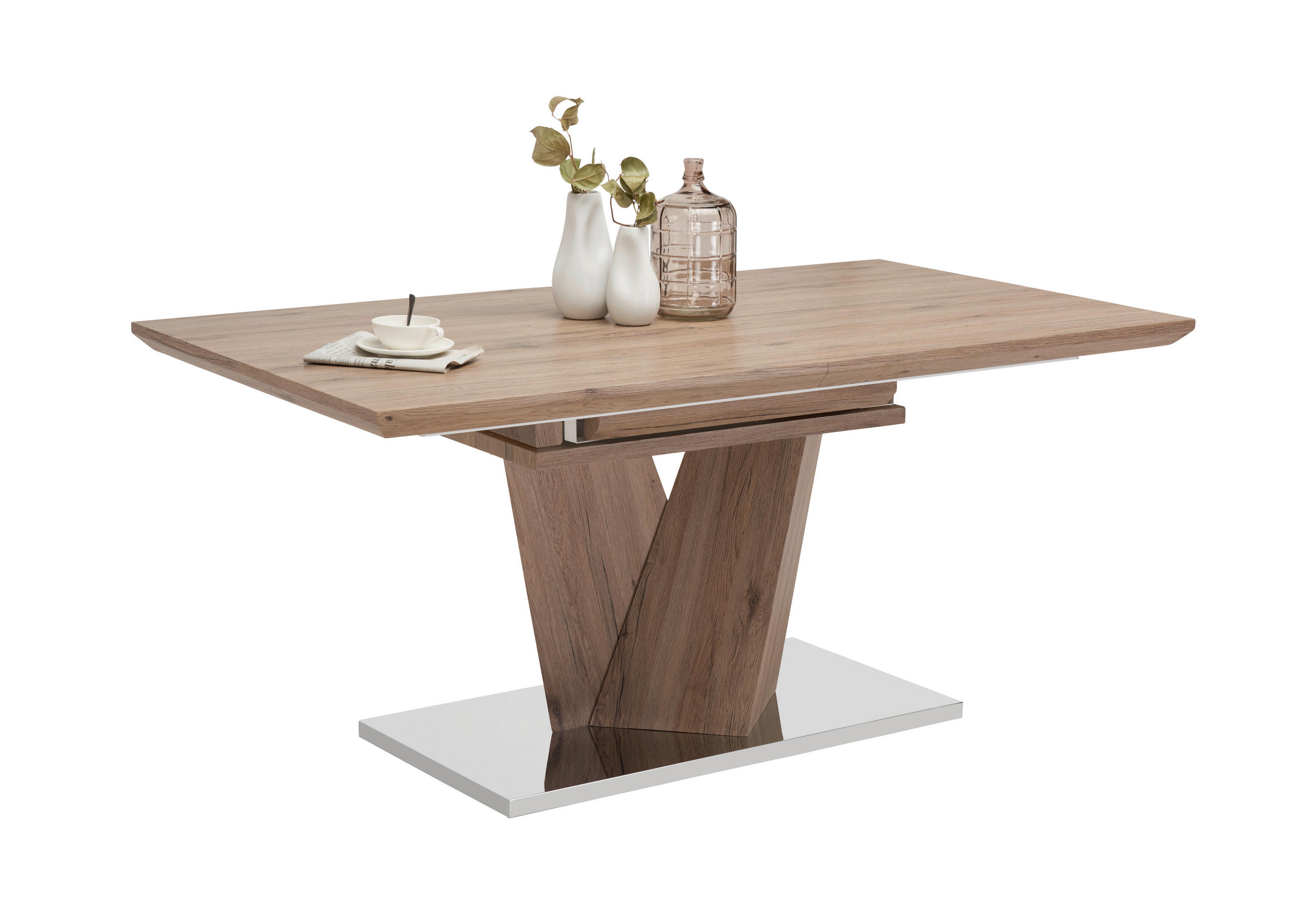 ÉTKEZŐASZTAL - tölgyfa színű/nemesacélszínű, Design, faalapú anyag/fém (160(220)/90/76cm) - Carryhome