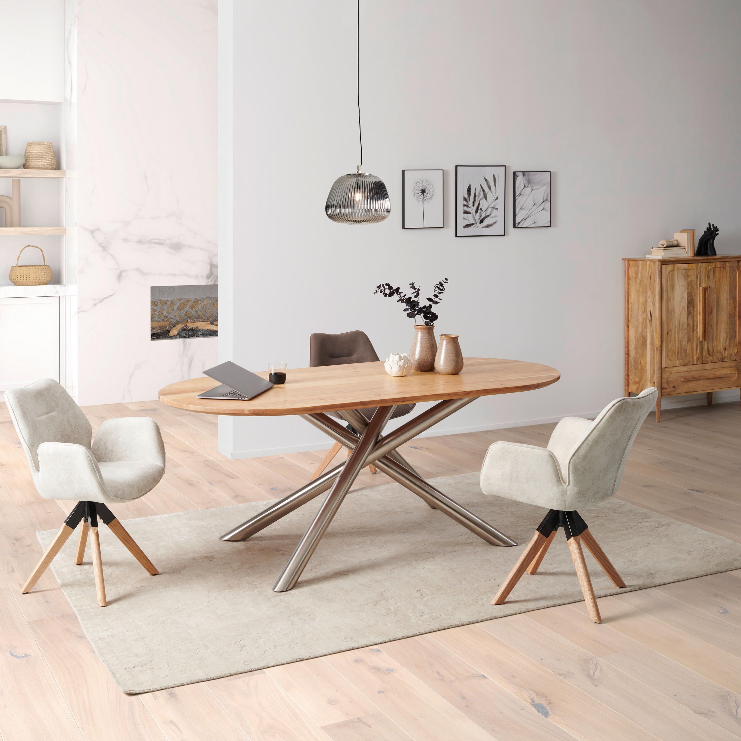 ESSTISCH Akazie vollmassiv oval Akaziefarben, Edelstahlfarben  - Edelstahlfarben/Akaziefarben, MODERN, Holz/Stein (115/76/115cm) - MID.YOU