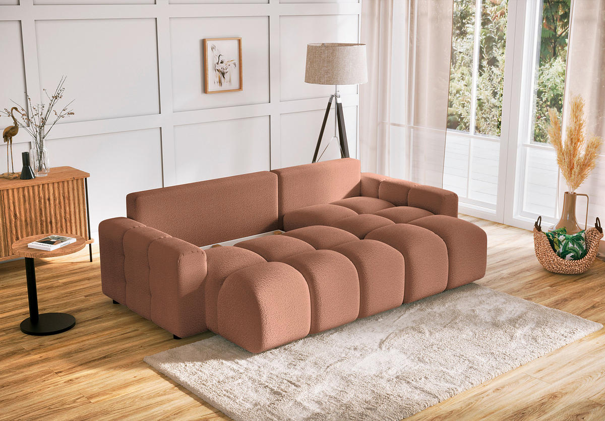 ECKSOFA Luki Hellbraun Bouclé  - Hellbraun/Schwarz, Design, Kunststoff/Textil (233/142cm) - Livetastic