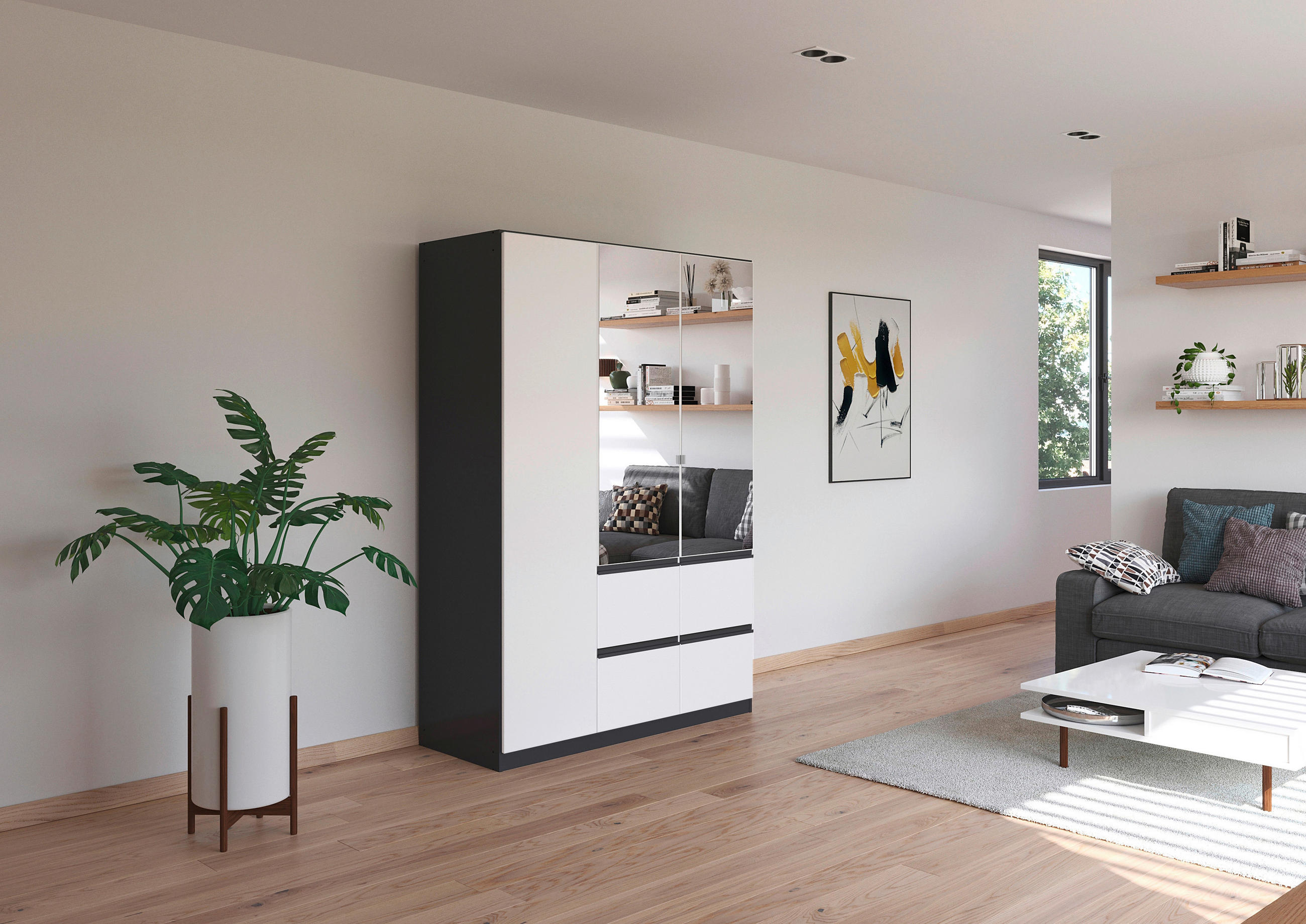 KLEIDERSCHRANK in Grau, Weiss  - Weiss/Grau, Trend, Glas/Holzwerkstoff (136/197/54cm) - Xora