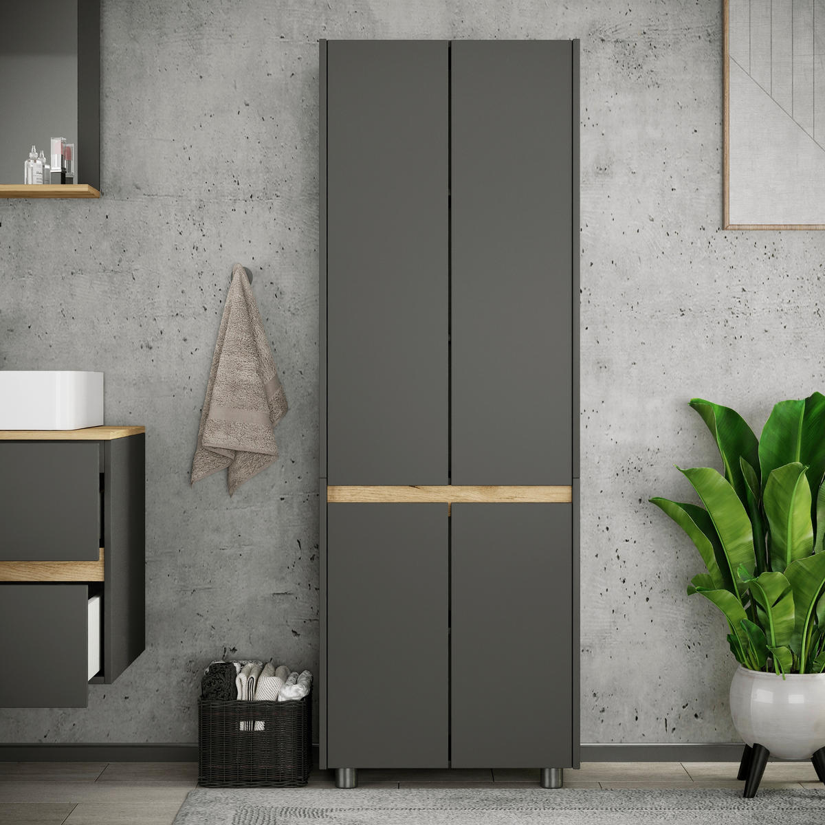 HOCHSCHRANK 57/165/33 cm  - Honigeiche/Anthrazit, Trend, Holzwerkstoff/Kunststoff (57/165/33cm) - MID.YOU