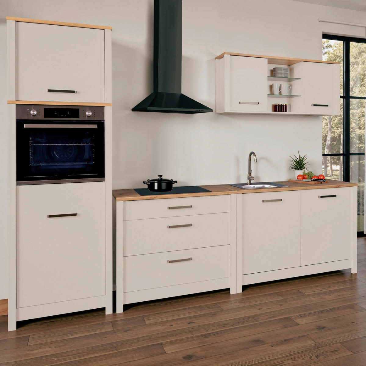 KÜCHENLEERBLOCK 300 cm   in Kaschmir, Eiche Artisan  - Kaschmir/Silberfarben, MODERN, Glas/Holzwerkstoff (300cm) - home24