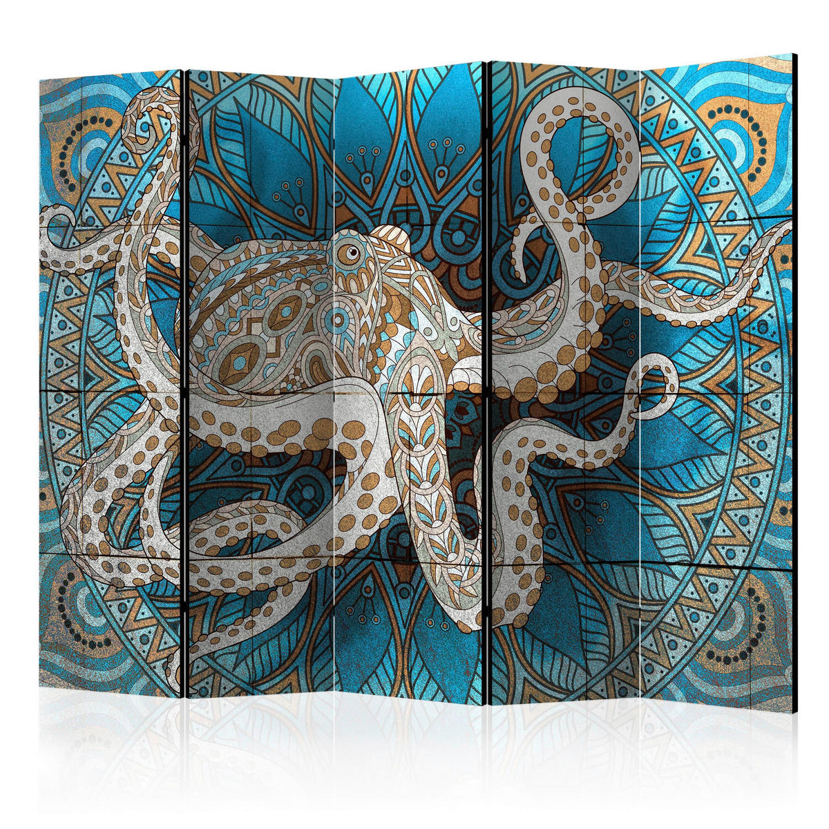 SKÄRMVÄGG  i trä, textil  blå, brun  - brun/blå, Modern, trä/textil (225/172/3cm) - artgeist