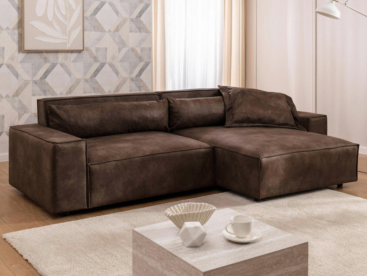 ECKSOFA Curduroy in Lederlook Braun Rückenkissen  251/142 cm  - Schwarz/Braun, Design, Kunststoff/Textil (251/142cm) - P & B